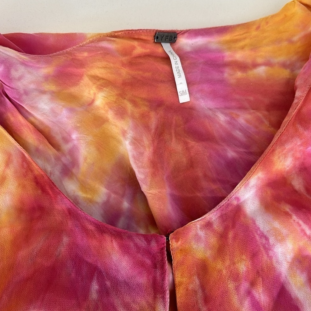 YFB YOUNG FABULOUS & BROKE DRESS Pink Orange Tie Dye Maxi Kaftan Dress S/M - Picture 4 of 7